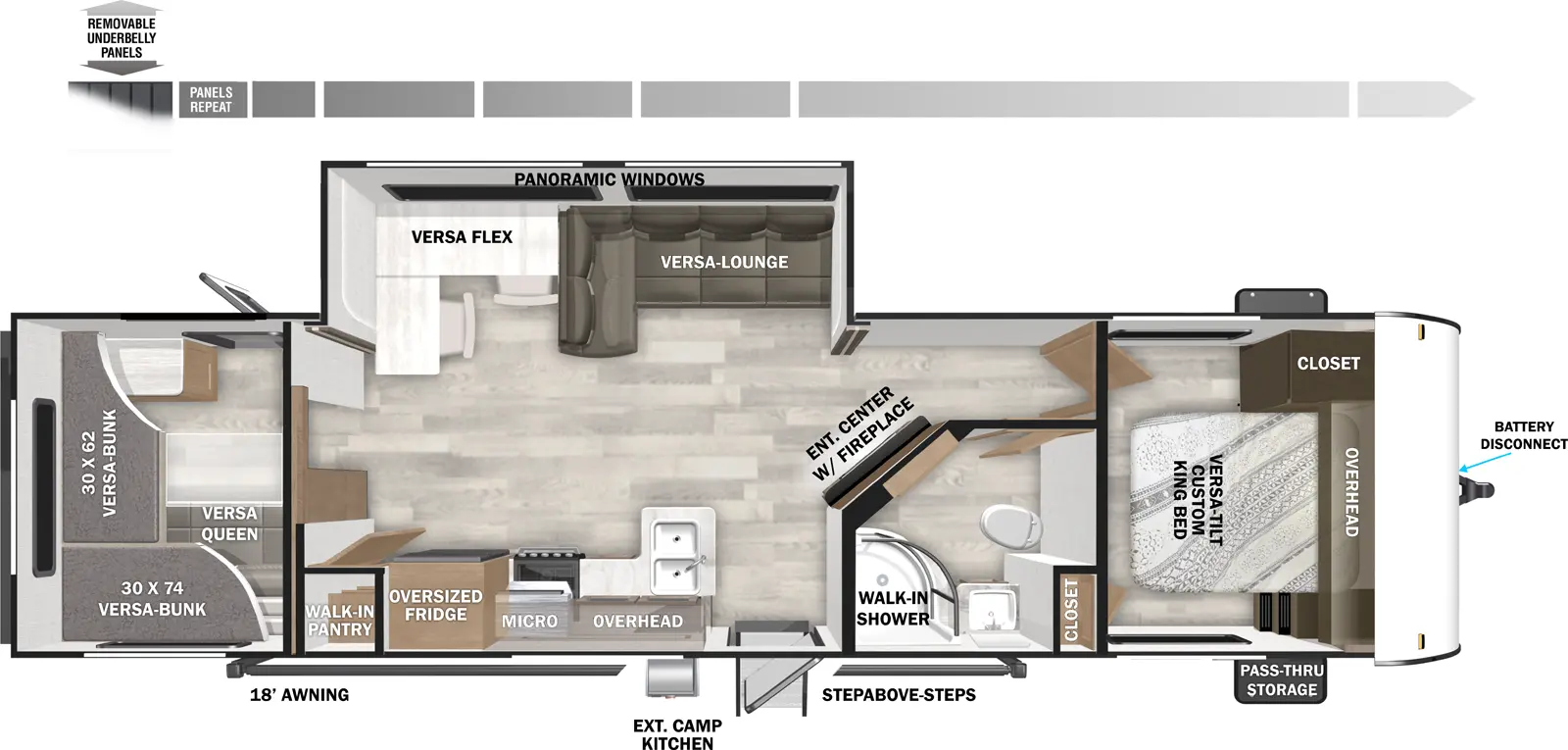 The 29VBUD has one slideout and one entry. Exterior features include an 18 foot awning, exterior camp kitchen, step above entry steps, front pass-thru storage, battery disconnect, and removable underbelly panels. Interior layout front to back: custom versa-tilt king bed with closet and night stands on each side, and overhead cabinet, and door side closet; door side full bathroom with walk-in shower; entertainment center with fireplace along inner wall; off-door side slideout with versa lounge/u-dinette and panoramic windows; door side entry, peninsula kitchen counter with sink, overhead cabinets, microwave, oversized refrigerator, and walk-in pantry; rear bunk room with versa bunks on rear and door side above and a versa queen below.